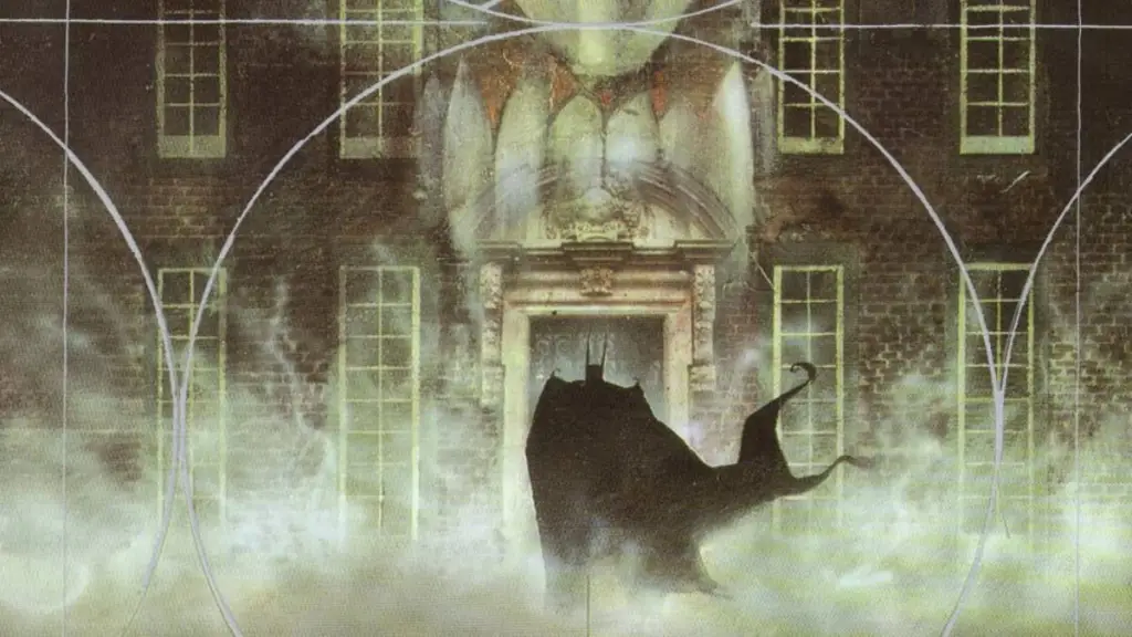 Batman walking into Arkham Asylum's door, which is the Joker's mouth