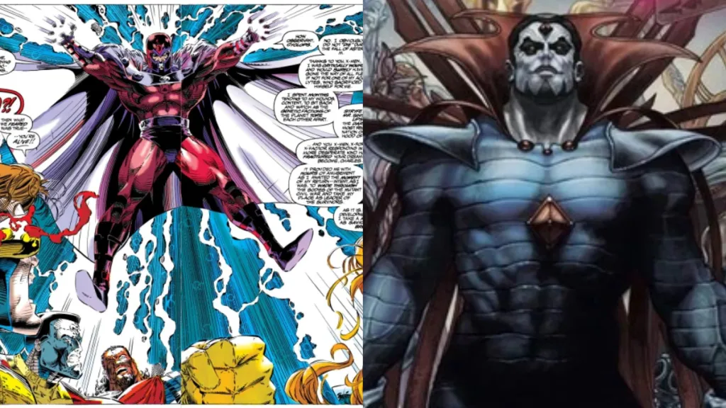 A split image of Magneto fighting the X-Men and a superior looking Mr. Sinister