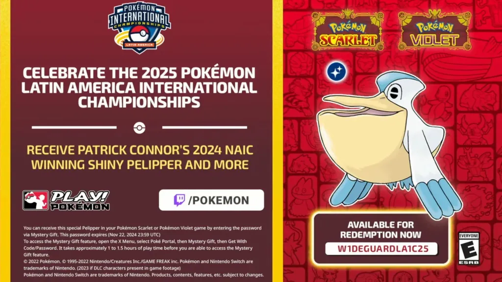 Image showing the Shiny Pelipper Mystery gift Pokemon and code to redeem for Pokemon Scarlet and Violet