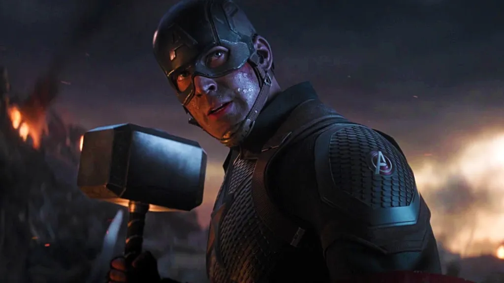 Captain America holding Thor's hammer in Avengers Endgame
