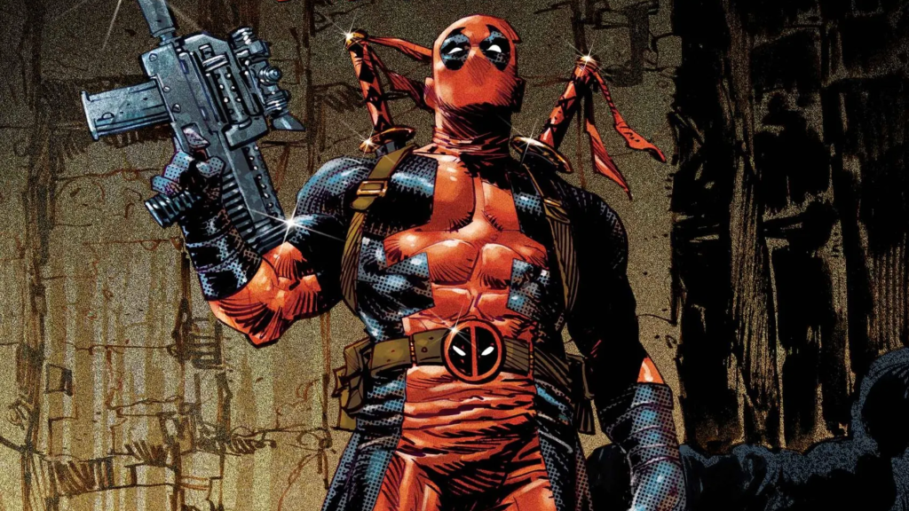 Deadpool walking through a city carrying a large gun.