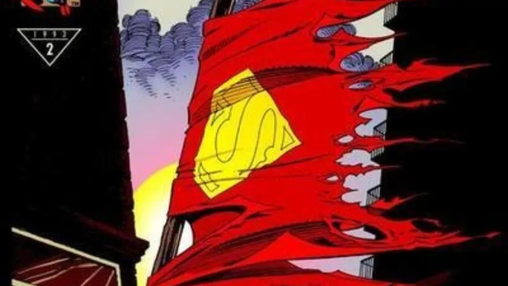 Superman's torn cape swinging in the breeze