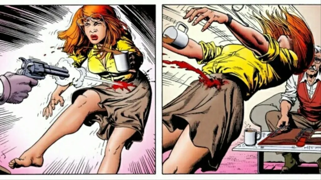 The Joker shooting Barbara Gordon and her falling towards the table, with her father looking on aghast in Batman: The Killing Joke