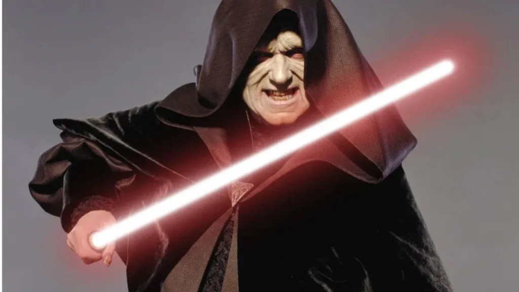 Emperor Palpatine looking menacing with his lightsaber