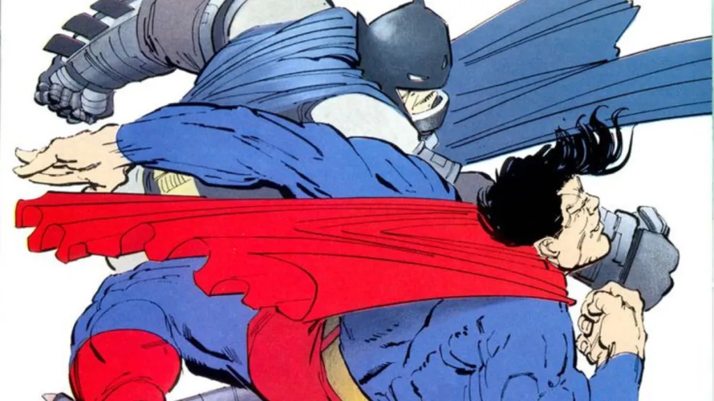 Batman punching Superman in The Dark Knight Returns