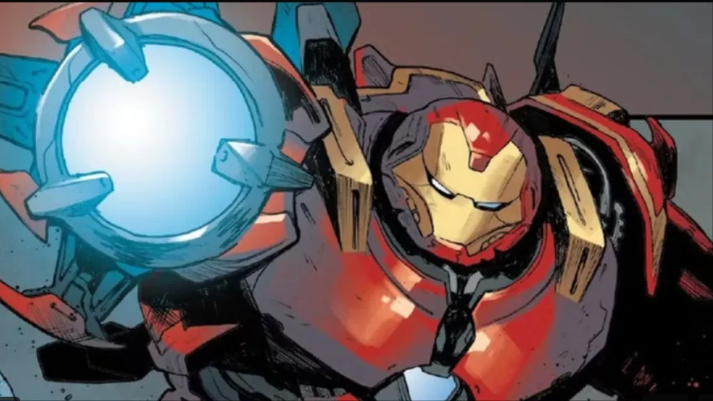 Iron Man poitning his repulsor in the Model 52 Hulkbuster armor