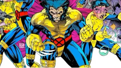 Wolverine in his blue and yellow X-Men uniform, standing next to Jubilee and Psylocke