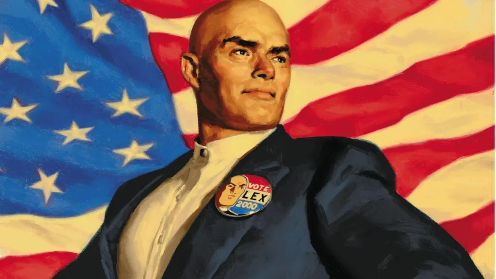 Lex Luthor standing in front of American flag during his 2000 presidential run
