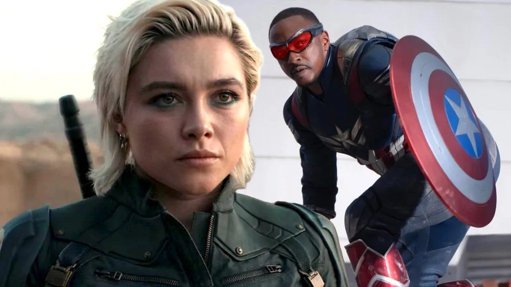 Florence Pugh as Yelena Belova in Thunderbolts* and Anthony Mackie as Sam Wilson/Captain America in Captain America: Brave New World