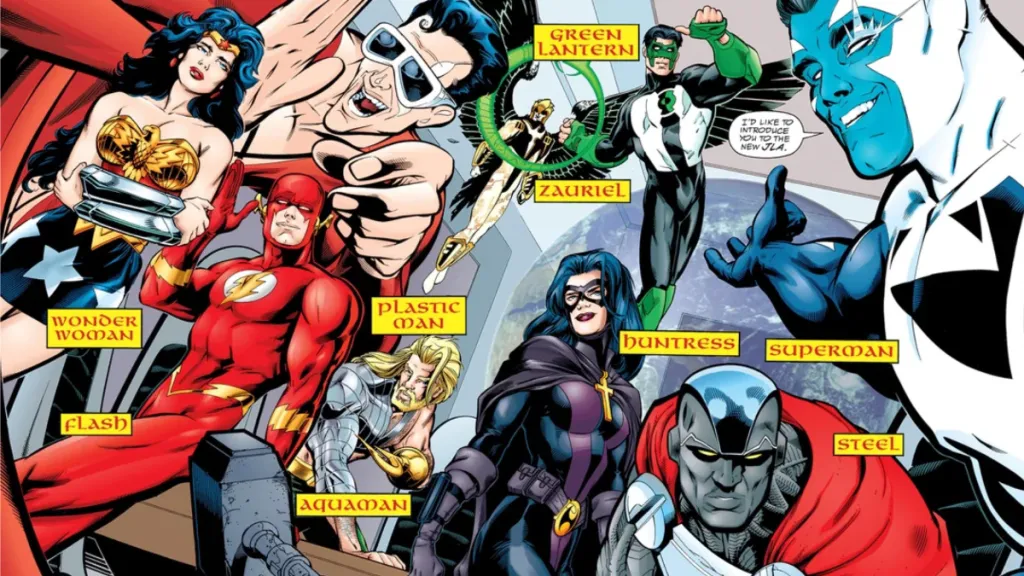 Superman introducing Hippolyta, the Flash, Plastic Man, Green Lantern, Huntress, Zauriel, and Steel into the JLA
