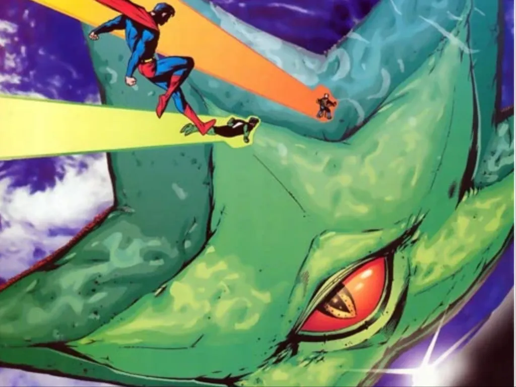 Superman, Green Lantern, and Orion flying towards Starro the Conqueror as he attacks Earth on the cover of JLA #23