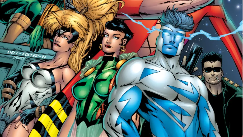 Superman, Artemis, Tomorrow Woman, and Hitman on the cover of JLA #5