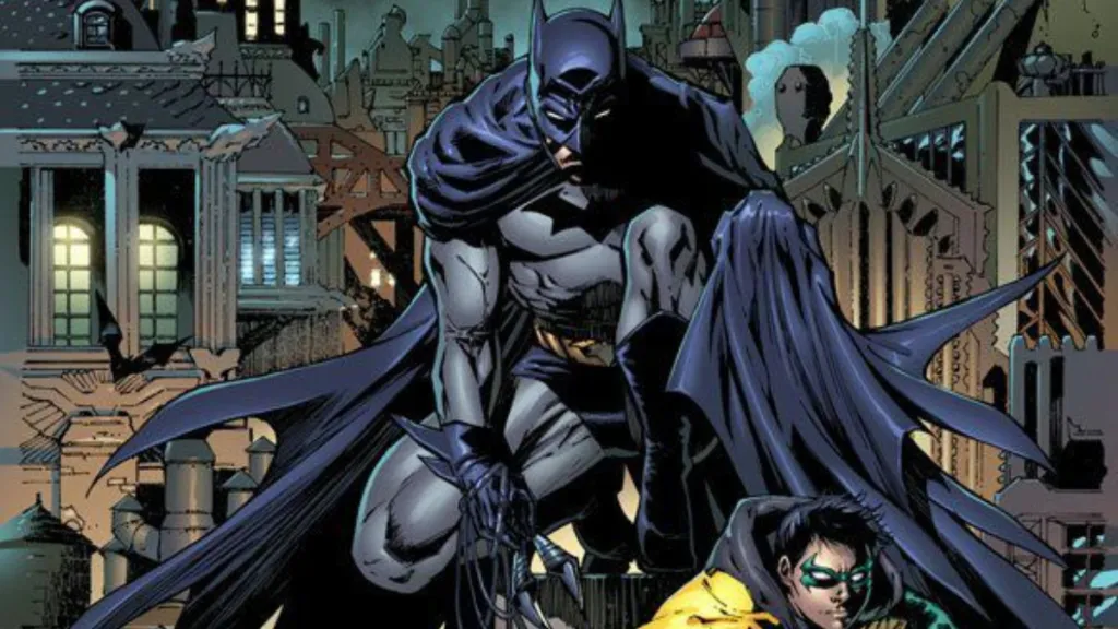 Dick Grayson as Batman with Damian Wayne as Robin on a Gotham rooftop