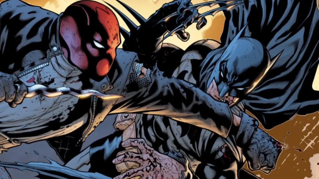 Red Hood and Batman fighting in the story Under the Red Hood