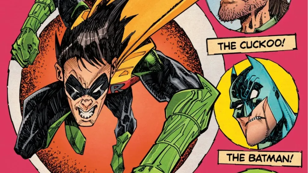 Jason Todd jumping forward next to pictures of Batman and the Cuckoo