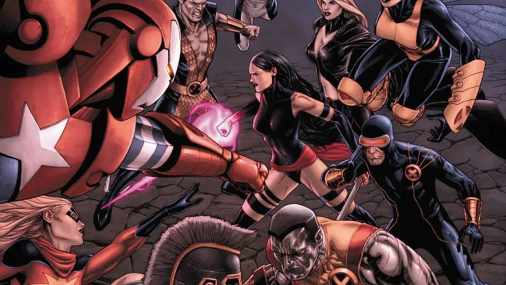 Iron Patrio, Ms. Marvel, Ares and Namor tackle Cyclops, Emma Frost, Colossus, and Psylocke from Avengers/X-Men: Utopia