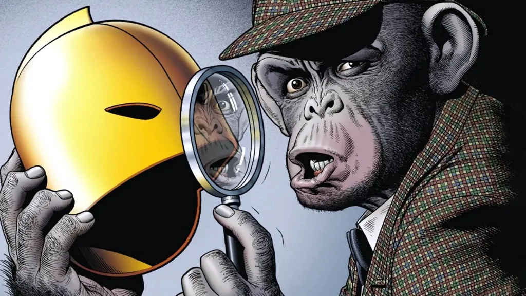 Detective Chimp looking at Doctor Fate's helmet with a magnifying glass