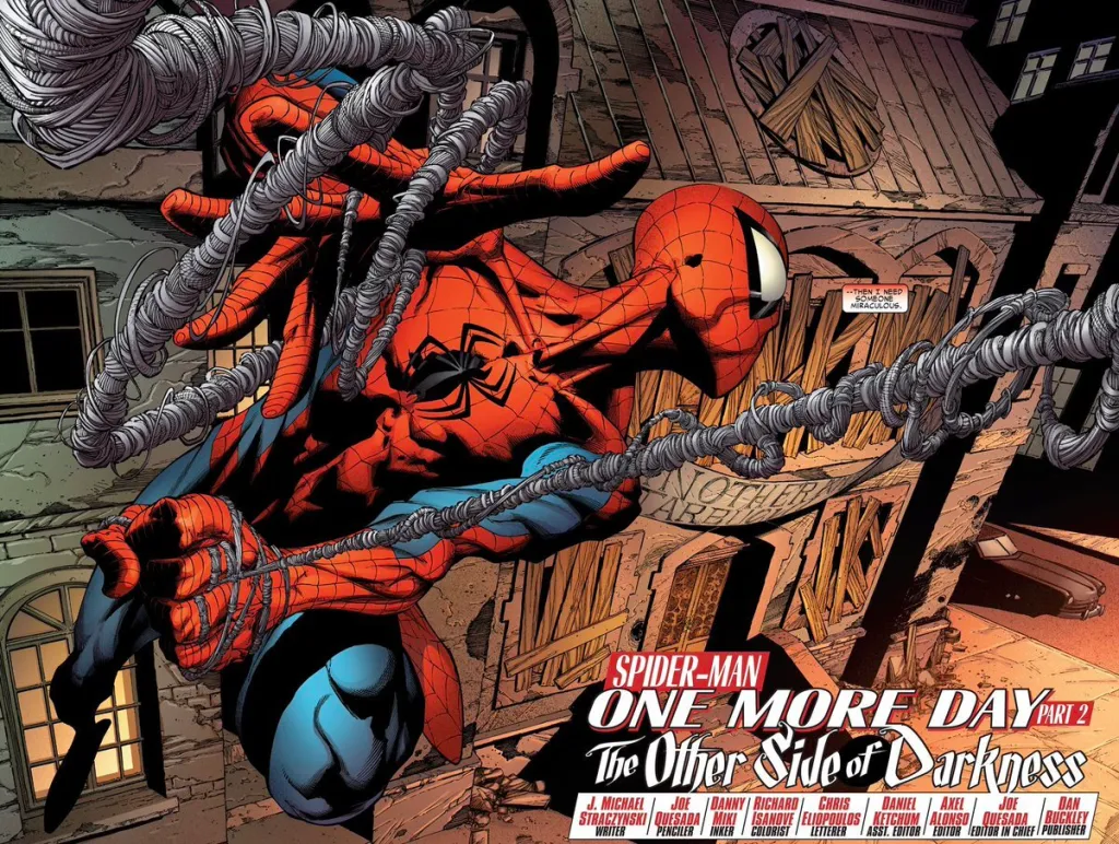 Spider-Man swinging in front of Doctor Strange's house in One More Day