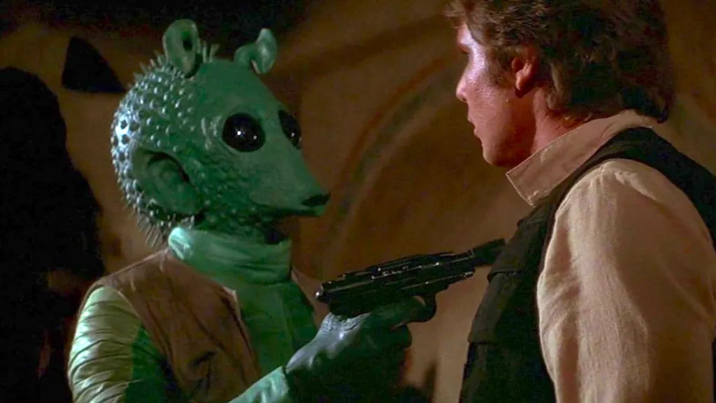 Greedo pointing blaster at Han Solo in Star Wars: A New Hope