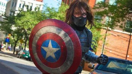 Bucky with Captain America shield in The Winter Soldier