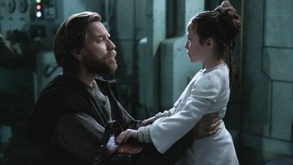Vivien Lyra Blair as Princess Leia and Ewan McGregor as Obi-Wan Kenobi