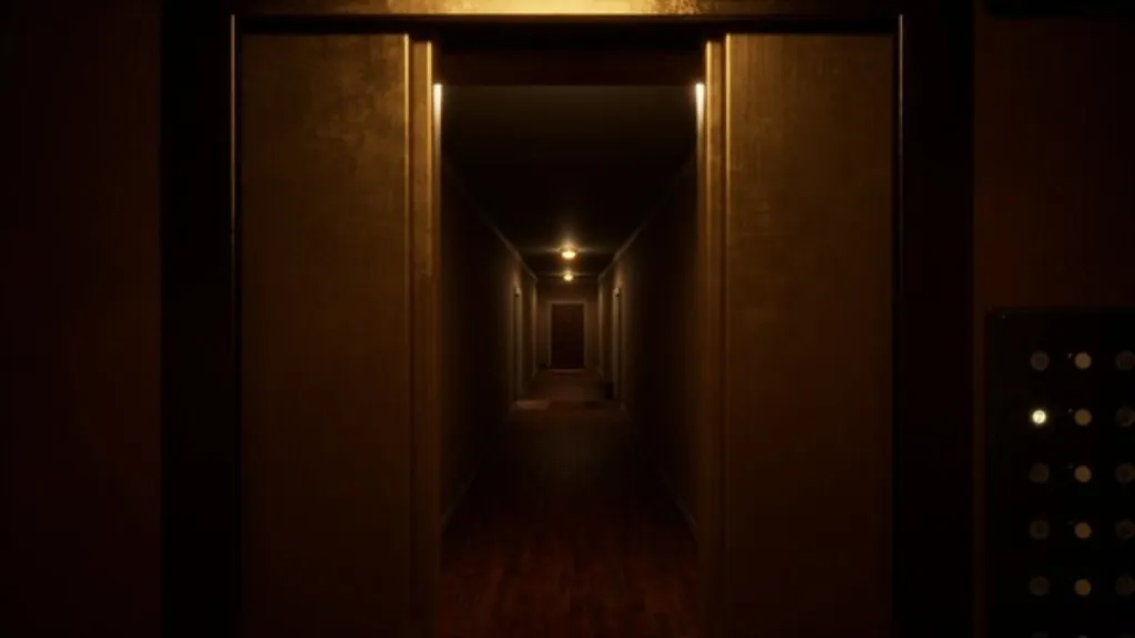 Looking down the hotel corridor from the elevator in Dead Signal