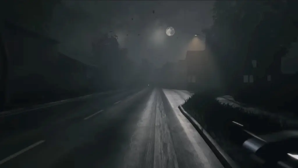 Level 9 dark road illuminated by the visible moon in the background