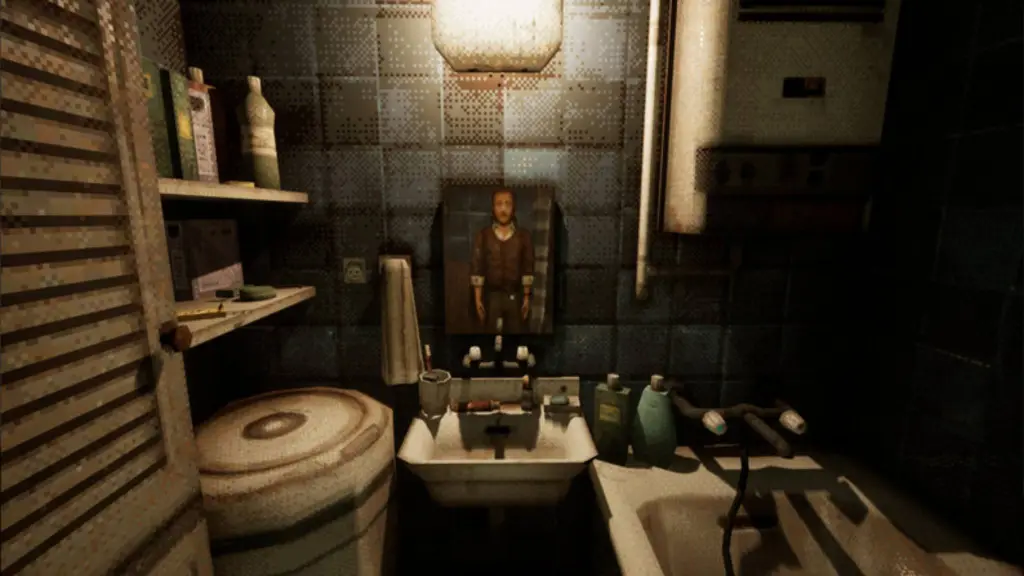 A wide shot of the bathroom with the protagonist looking at himself in the mirror