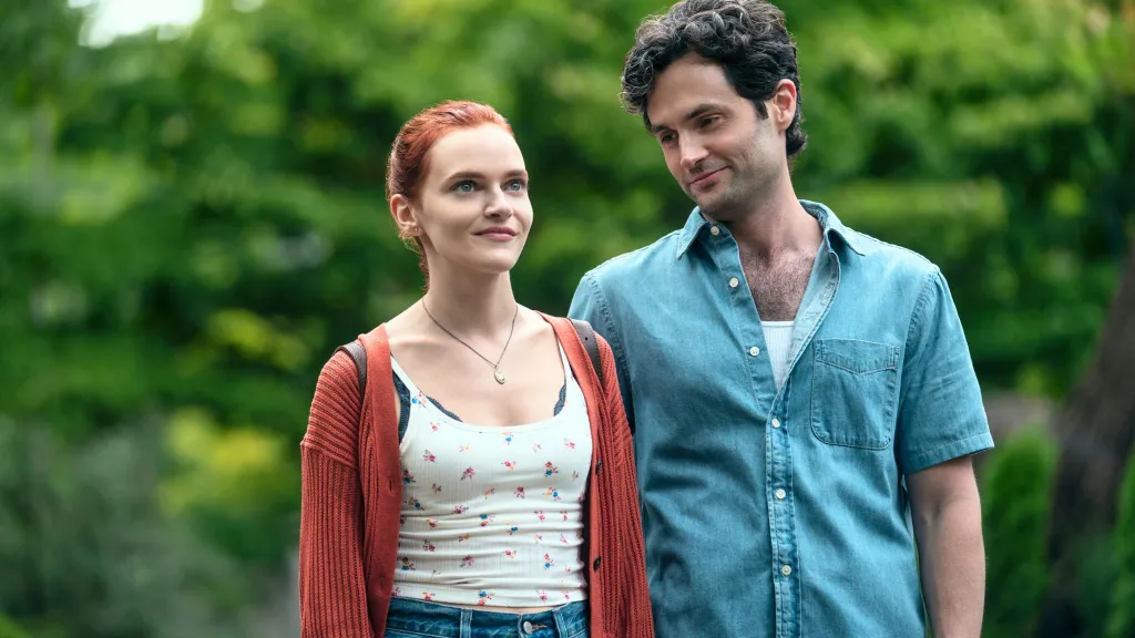 Madeline Brewer as Bronte, Penn Badgley as Joe Goldberg in episode 510 of You Season 5