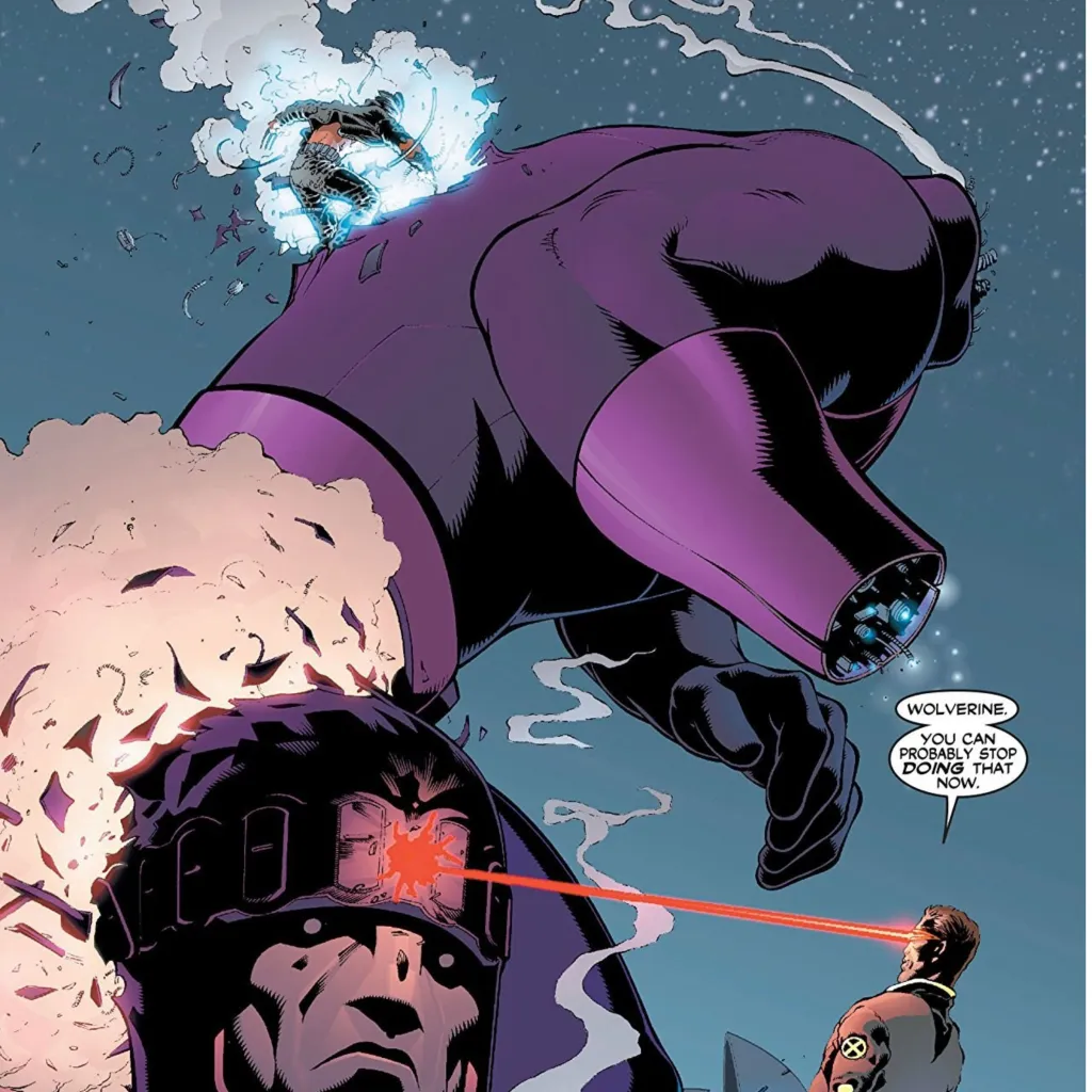 Wolverine and Cyclops destroying a Sentinel in New X-Men #114, by Grant Morrison and Frank Quitely