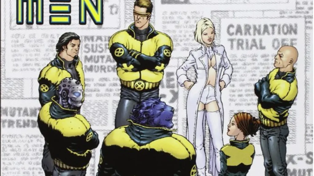 Wolverine, Cyclops, Emma Frost, Xavie, Jean Grey, Beast, and Xorn standing together from the cover of New X-Men Riot at Xavier's Part One