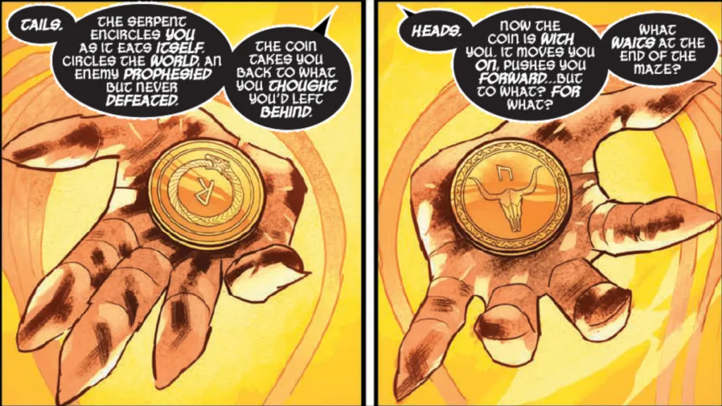 Utgard Loki explaining how to use a coin to read Immortal Thor #22