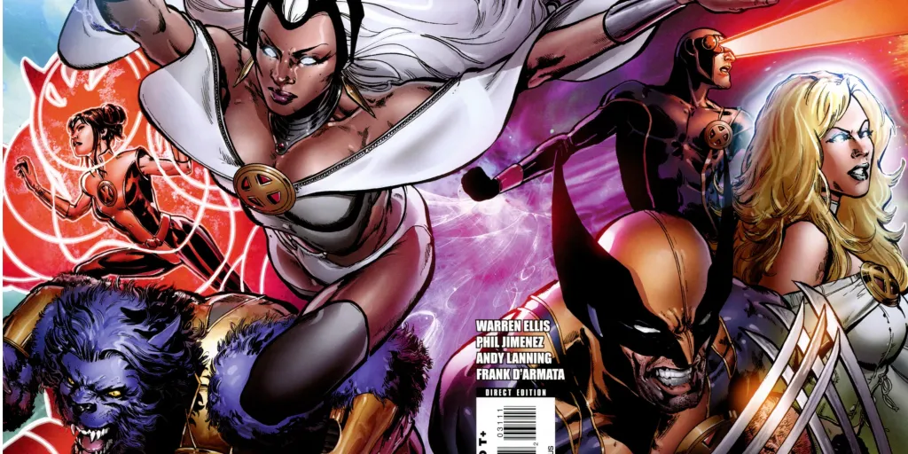Armor, Beast, Storm, Wolverine, Cyclops,a dn Emma Frost jumping into battle together