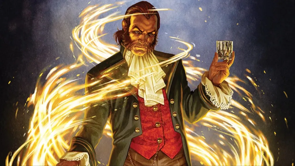 Sebastian Shaw holding a drink while surrounded by energy