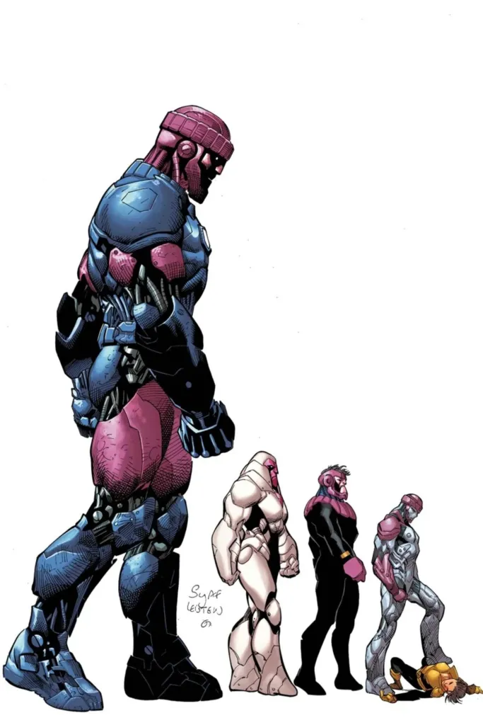 Four generations of Sentinels - including the big one, Nimrod, Prime Sentinels, and a smaller model stepping on Kitty Pryde