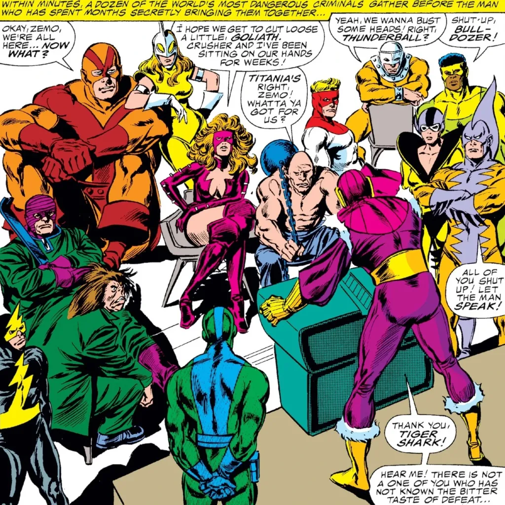 Baron Zemo speaking to the Amsters of Evil, including Klaw, Moonstone, the Wrecking Crew, Atlas, Titania, Absorbing Man, and others from the story Avengers: Under Siege