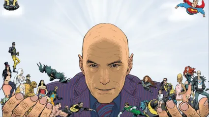 Writer Grant Morrison holding on to the Marvel and DC character they've written, the X-Men, Superman, Batmna, Green Lantern, Zatanna, and many more, drawn by Frank Quitely