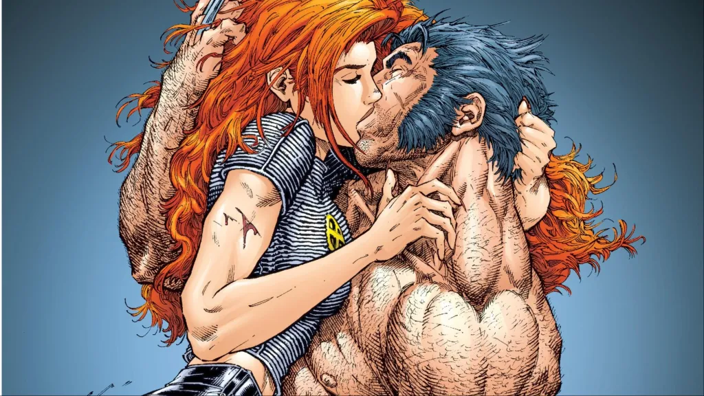 Wolverine and Jean Grey kissing