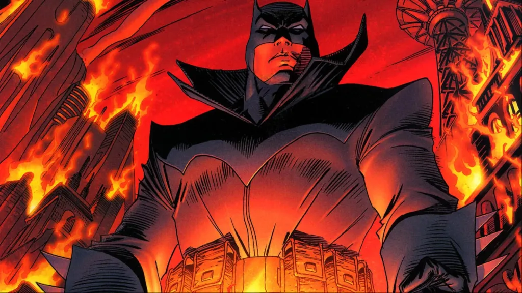 Damian Wayne as Batman in the future surrounded by a burning Gotham in Batman #666