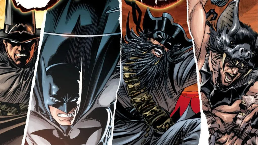 Batman as a witch hunter, Batman, a pirate, and as a cave man with a bat head from Batman: The Return of Bruce Wayne