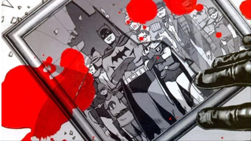 A shattered photo of Batman, Robin, and the Club of Heroes covered in blood, with Batman' touching it from Batman #667