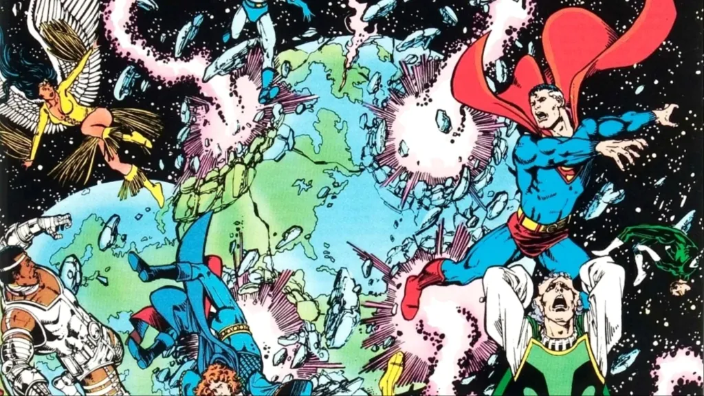 Earth-Two Superman, Cyborg, Arion, Dawnstar, and Pariah floating through space in front of crumbling Earths from Crisis On Infinite CEarths #1
