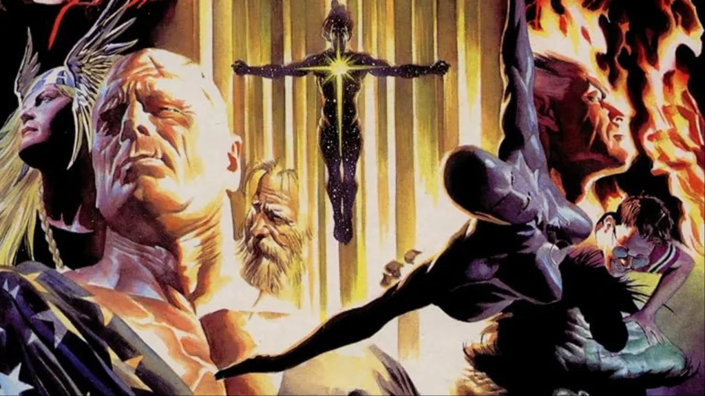 Female Thor, Captain America, Captain Marvel, Iron Maiden, Namor on fire, and a young Burce Banner with a monstrous Hulk from the cover of Earth X