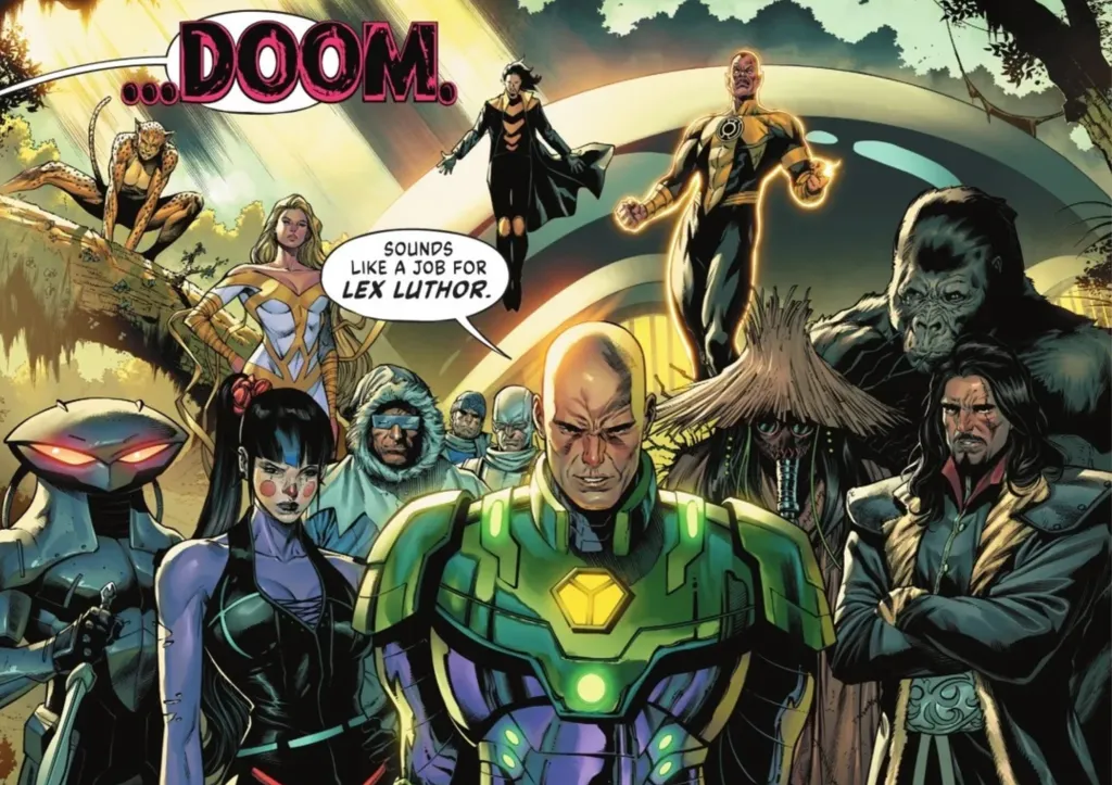 Cheetah, Black Manta, Giganta, Punchline, Captain Cold, Heatwave, Mirror Master, Weather Wizard, Sinestro, Lex Luthor, Scarecrow, Gorilla Grodd, and Vandal Savage standing in front of Legion of Doom headquarters
