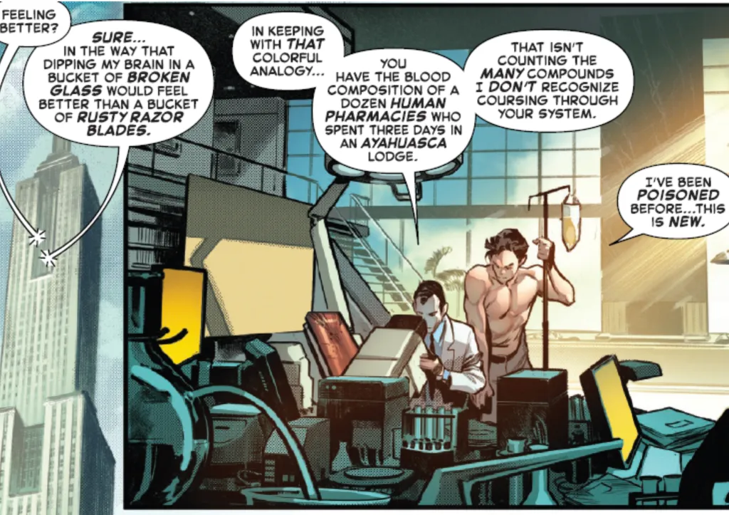 Norman Osborn and Spider-Man work on a blood sample together