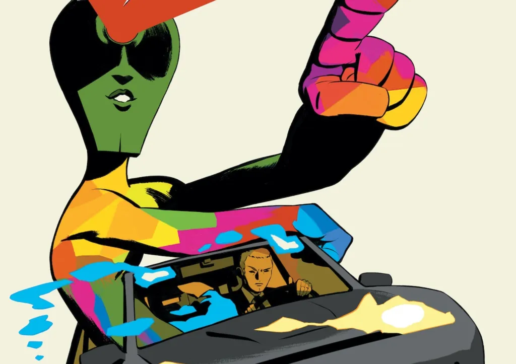 John Jones driving a car while the Martian Mindhunter leads him forward by poitning and fires his eyebeam