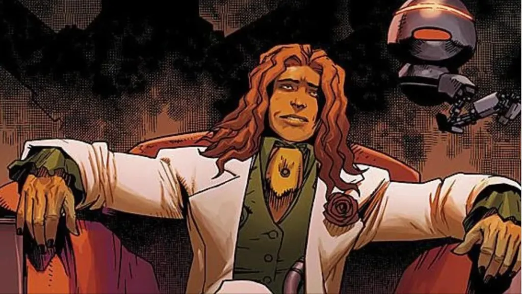 Arcade sitting in a chair with a floating robot above him