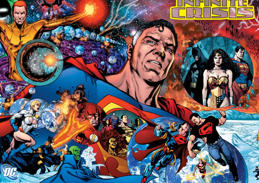 Phil Jimenez's cover to Infinite Crisis, featuring Earth-Two Superman, Alexander Luthor, Superboy-Prime, Superboy, Superman, Wonder WOman, Batman, Power Girl, Martian Manhunter, Flash, and many, many more