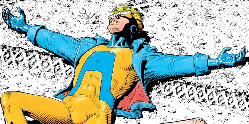 Animal Man laying on the ground with his arms outstretched with tire tracks under him