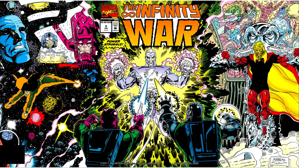 Gamora doing psychic surgery on Eternit as Galactus and the Living Tribunal look on, Doom and Kang battling the Magus, while a crucified Adam Warlock looks with the heroes of the Marvel Universe fighting behind him from the cover of Infinity War #5